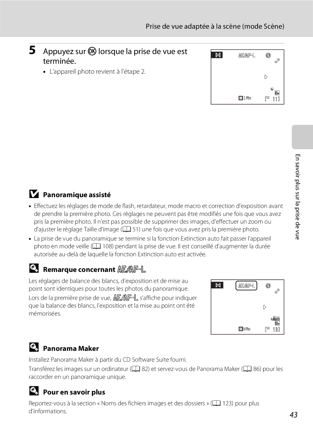 Nikon L110 Appuyez sur k lorsque la prise de vue est Terminée, Panoramique assisté, Remarque concernant R, Panorama Maker 