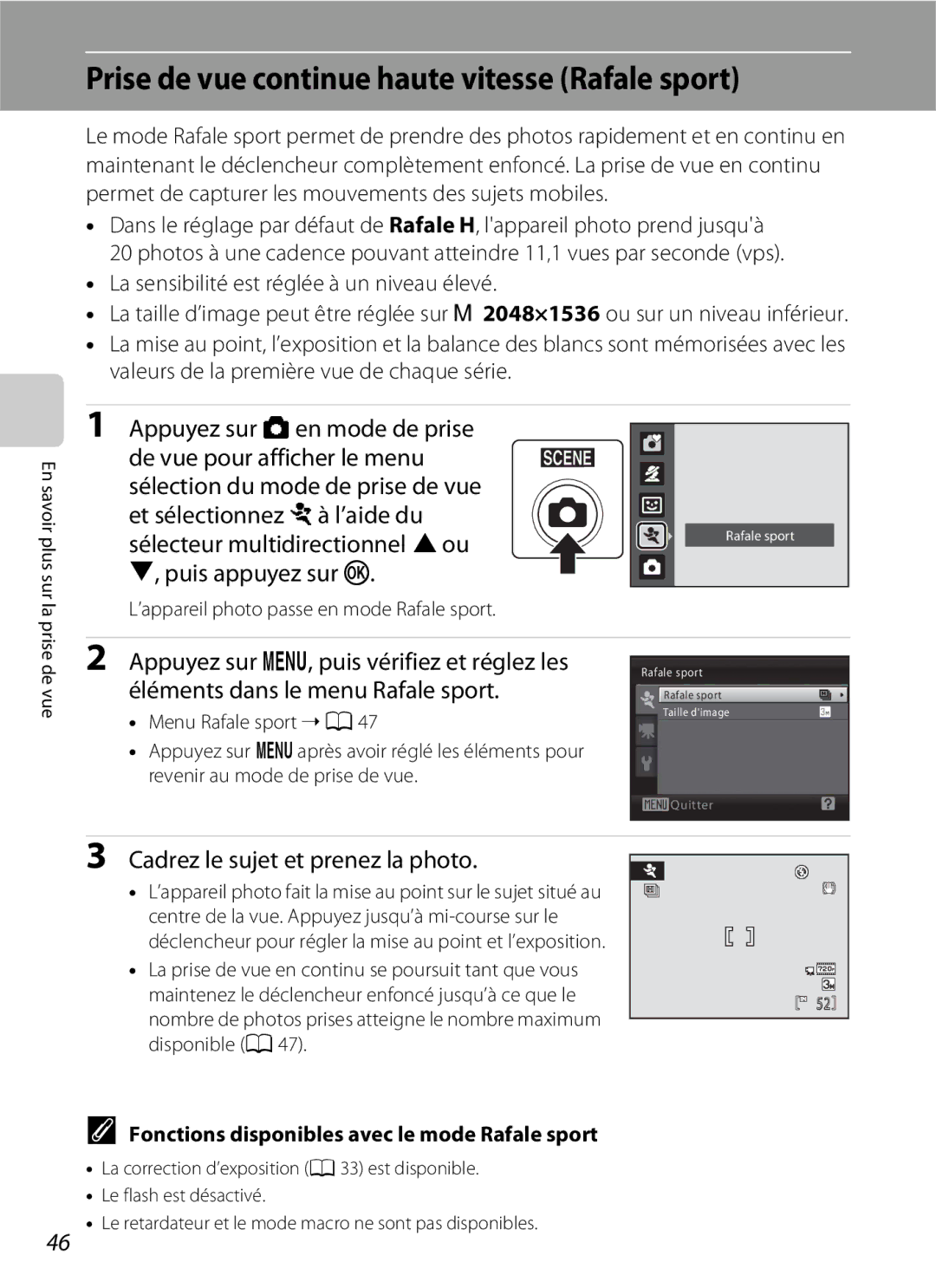 Nikon L110 manuel dutilisation Prise de vue continue haute vitesse Rafale sport, Puis appuyez sur k 