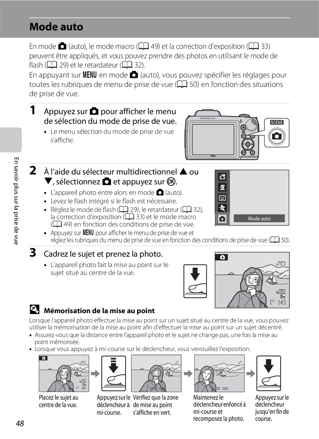 Nikon L110 manuel dutilisation Mode auto, Mémorisation de la mise au point 