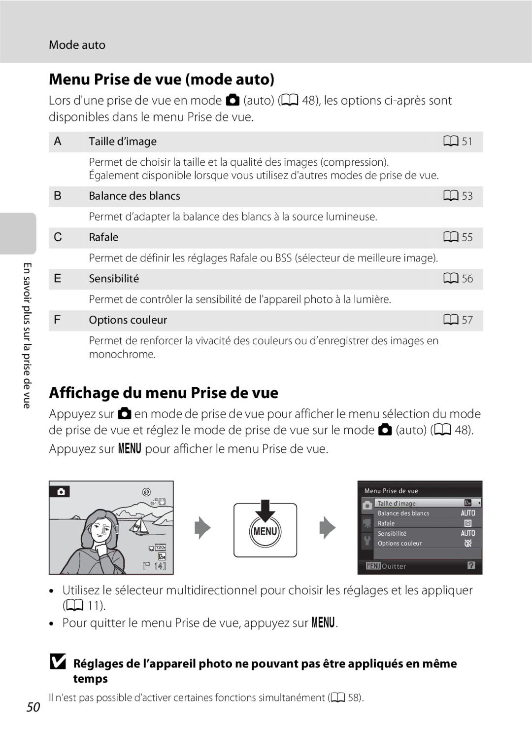 Nikon L110 manuel dutilisation Menu Prise de vue mode auto, Affichage du menu Prise de vue 