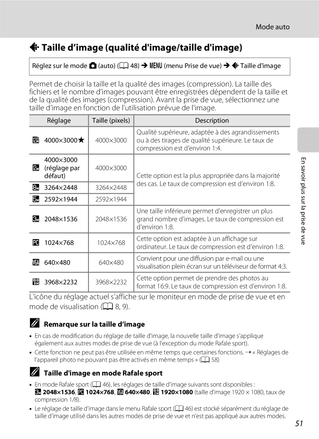 Nikon L110 manuel dutilisation ATaille d’image qualité dimage/taille dimage, Remarque sur la taille d’image 