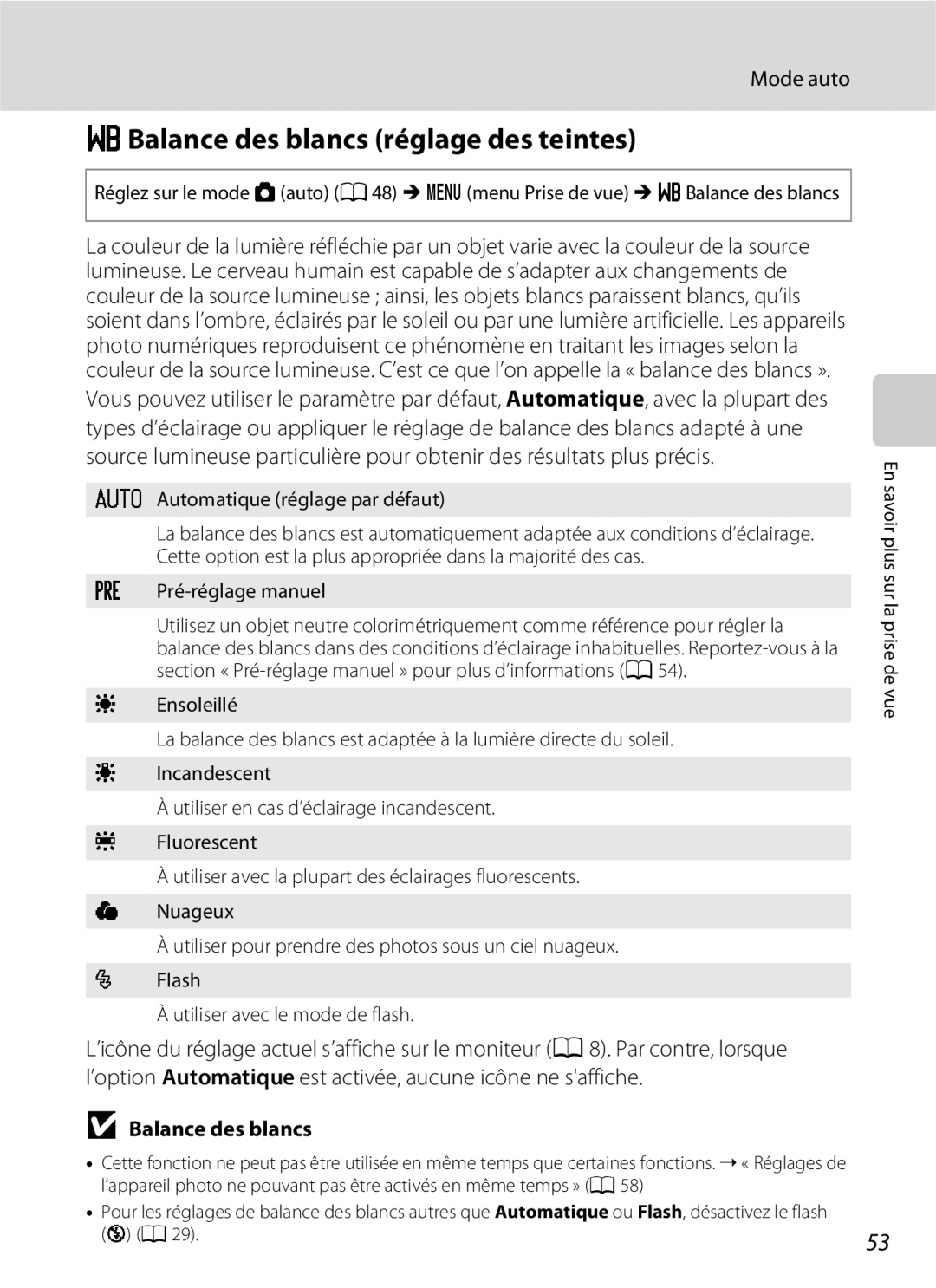 Nikon L110 manuel dutilisation BBalance des blancs réglage des teintes, Automatique réglage par défaut, Pré-réglage manuel 