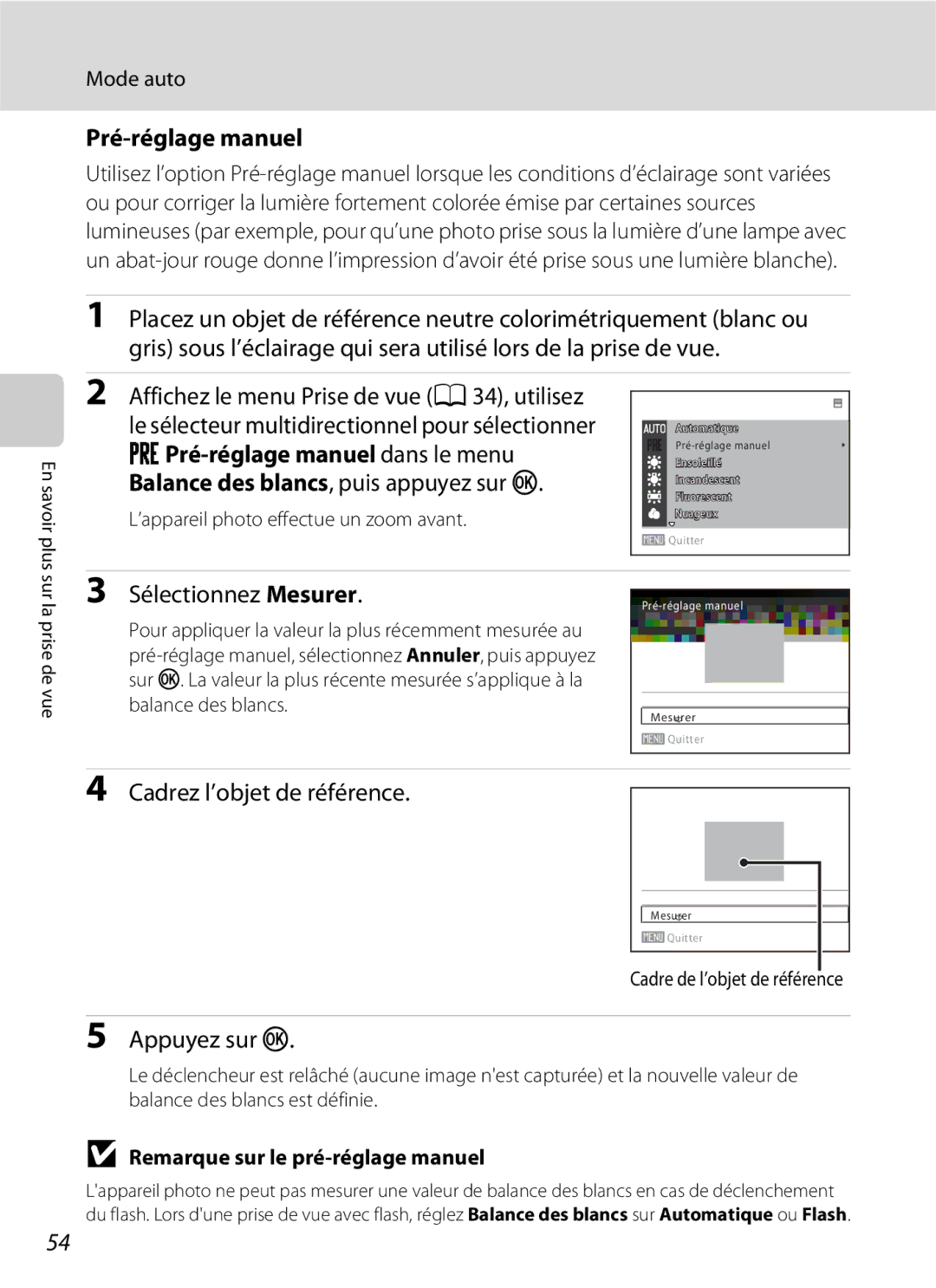 Nikon L110 Pré-réglage manuel, Sélectionnez Mesurer, Cadrez l’objet de référence, Remarque sur le pré-réglage manuel 