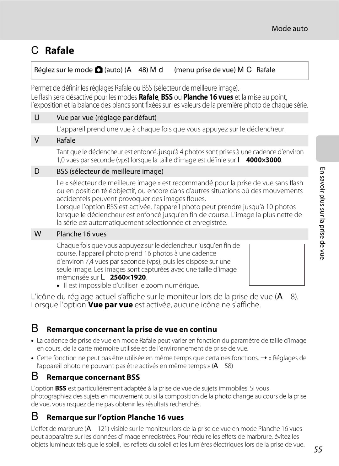 Nikon L110 manuel dutilisation Rafale, Remarque concernant la prise de vue en continu, Remarque concernant BSS 