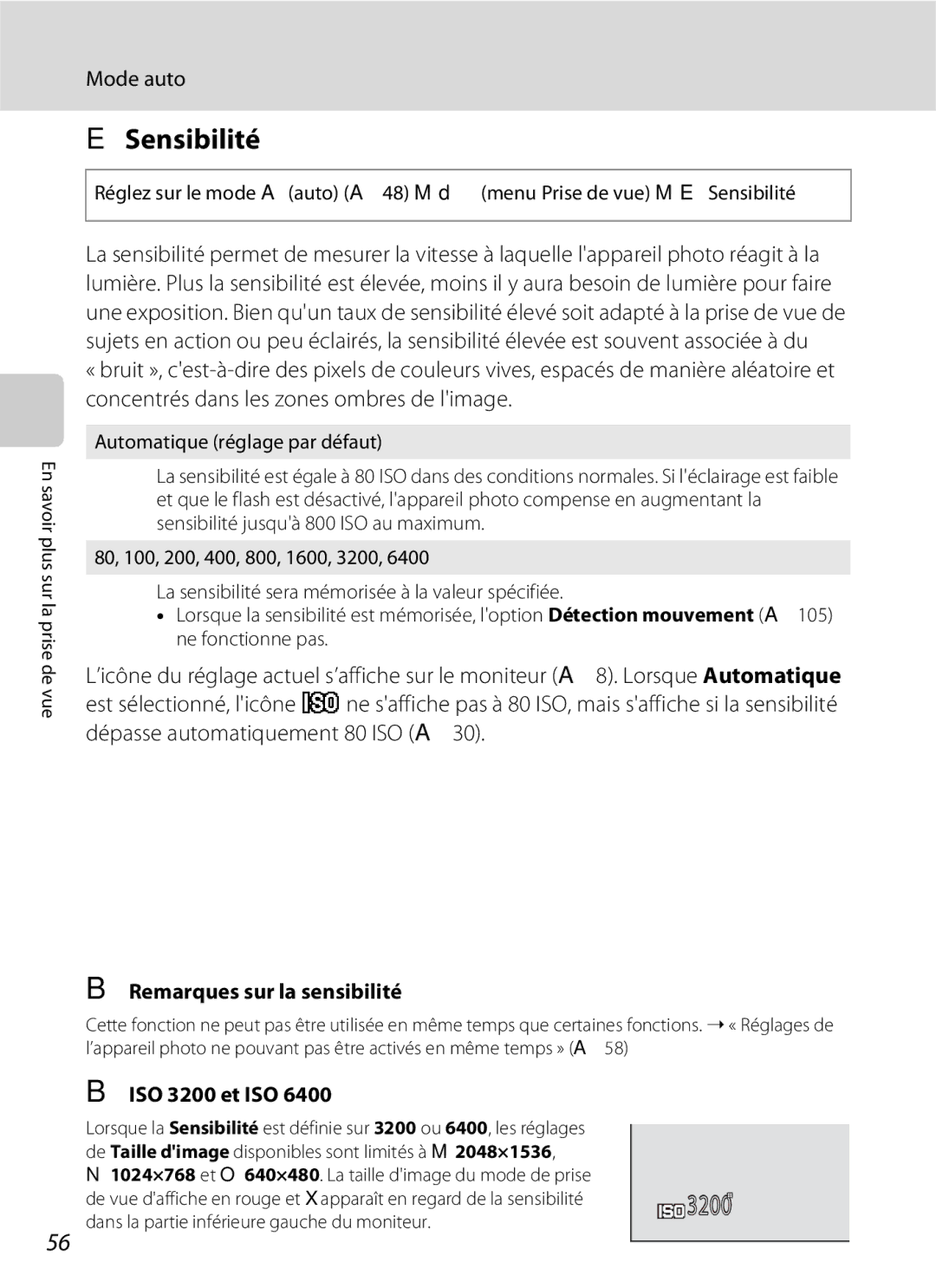 Nikon L110 manuel dutilisation Sensibilité, Remarques sur la sensibilité, ISO 3200 et ISO 