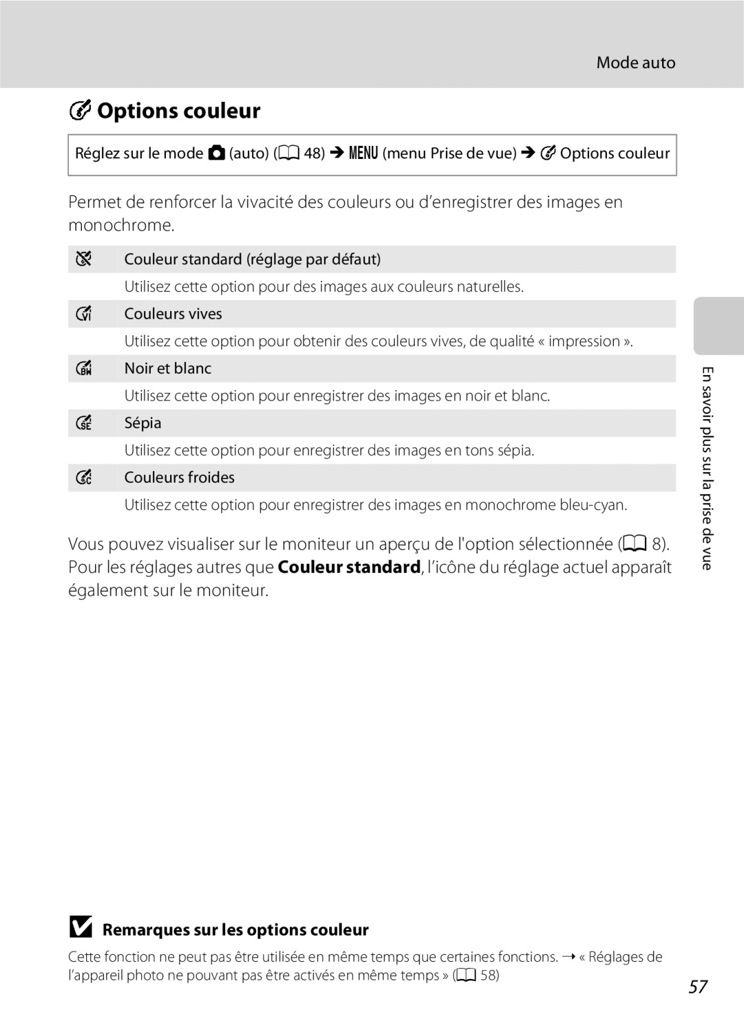 Nikon L110 manuel dutilisation FOptions couleur, Remarques sur les options couleur 