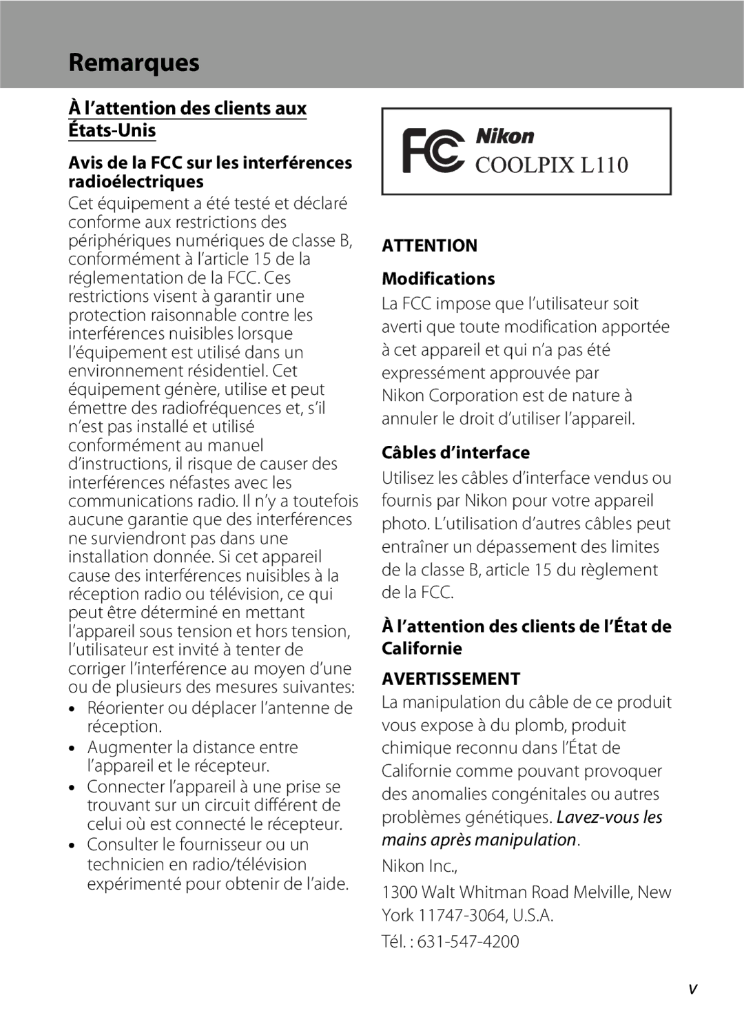 Nikon L110 manuel dutilisation Remarques, ’attention des clients aux États-Unis 