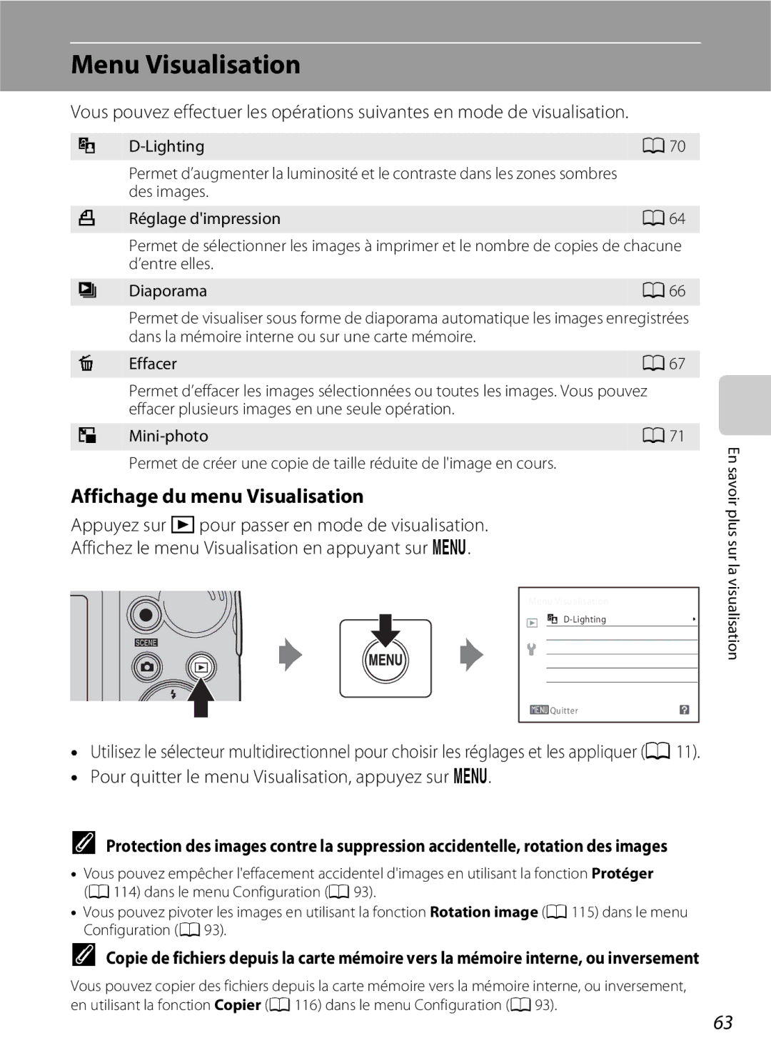 Nikon L110 Menu Visualisation, Affichage du menu Visualisation, Pour quitter le menu Visualisation, appuyez sur d 