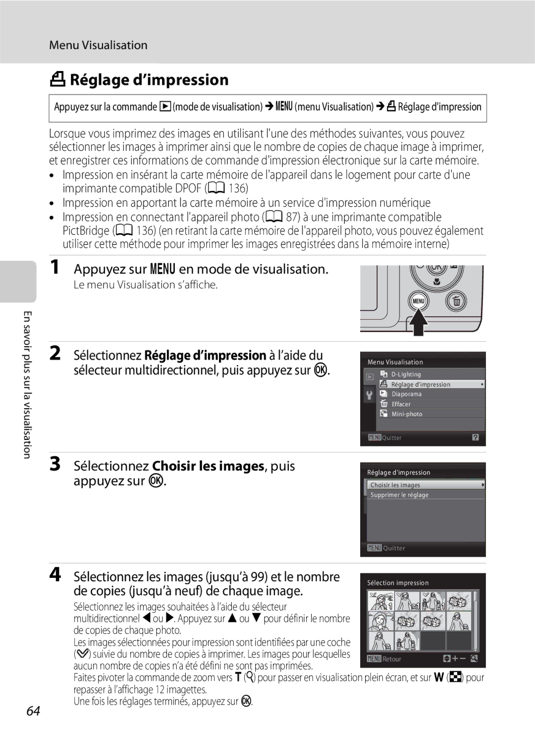 Nikon L110 ARéglage d’impression, Appuyez sur d en mode de visualisation, De copies jusqu’à neuf de chaque image 