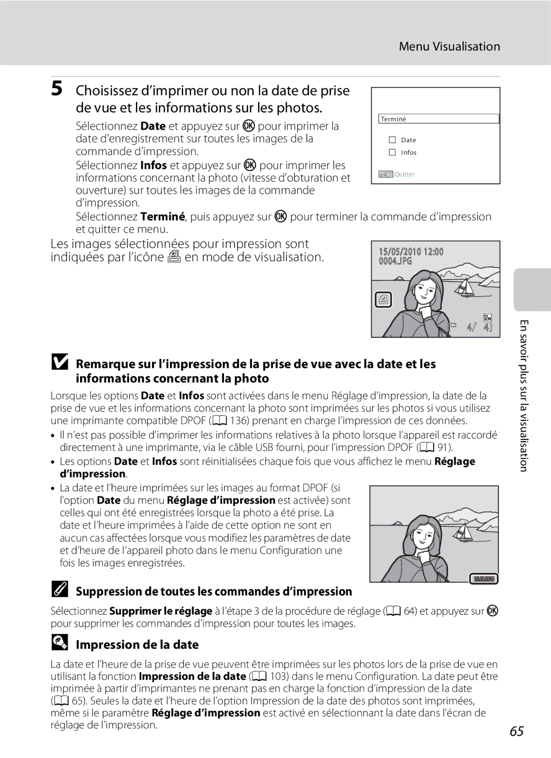 Nikon L110 manuel dutilisation Suppression de toutes les commandes d’impression, Impression de la date 