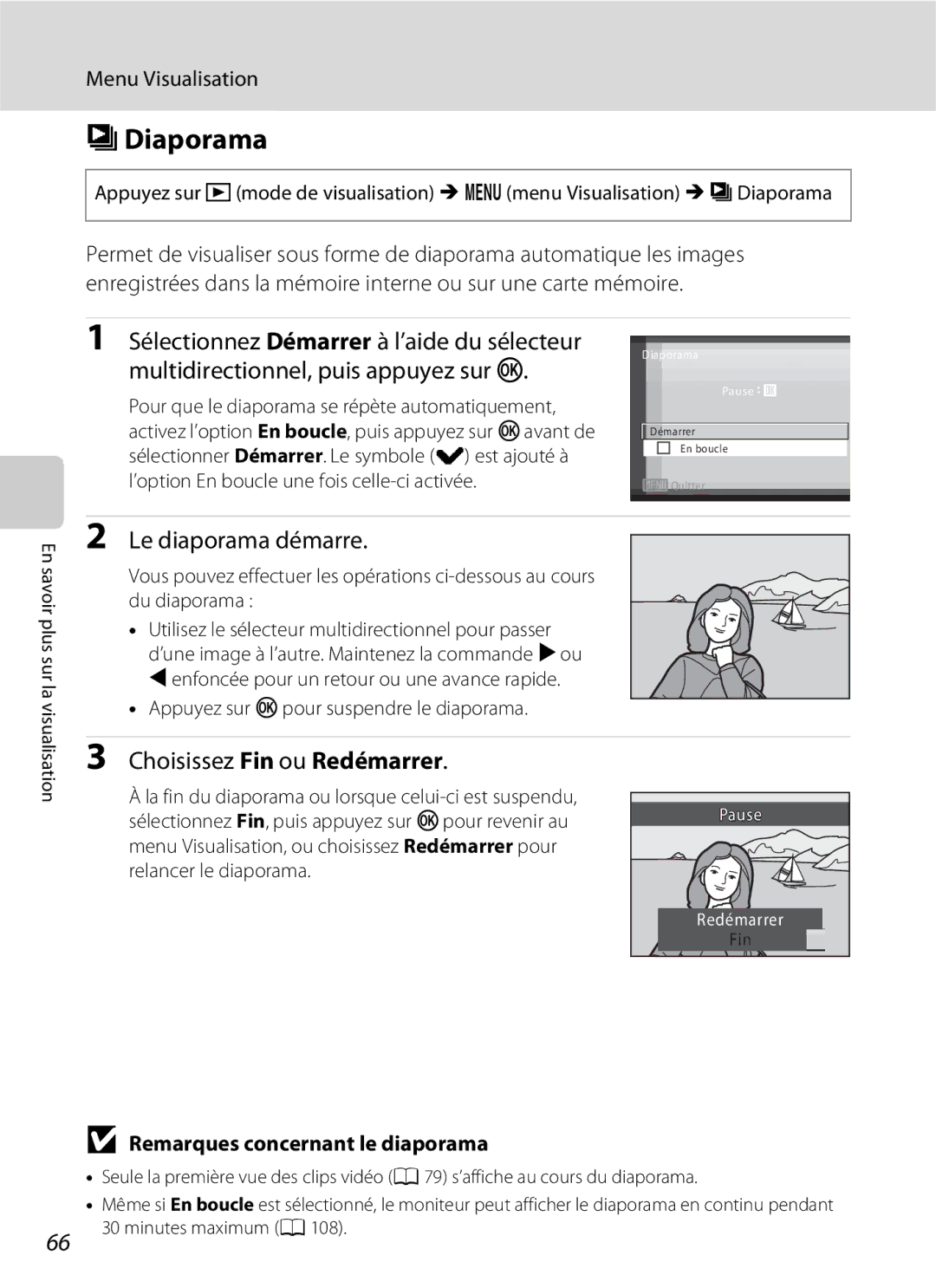 Nikon L110 Diaporama, Sélectionnez Démarrer à l’aide du sélecteur, Multidirectionnel, puis appuyez sur k 