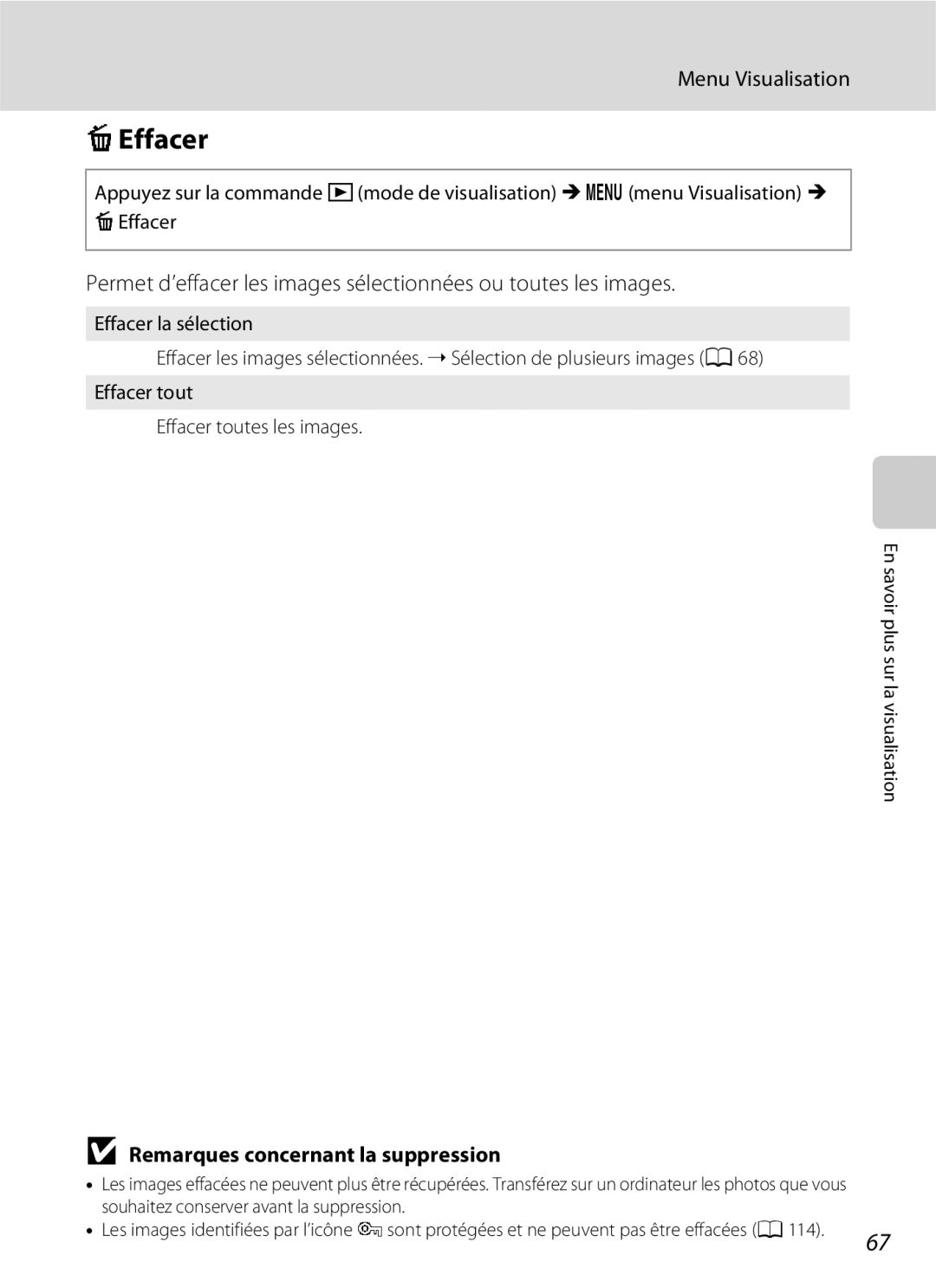 Nikon L110 manuel dutilisation Effacer, Remarques concernant la suppression 