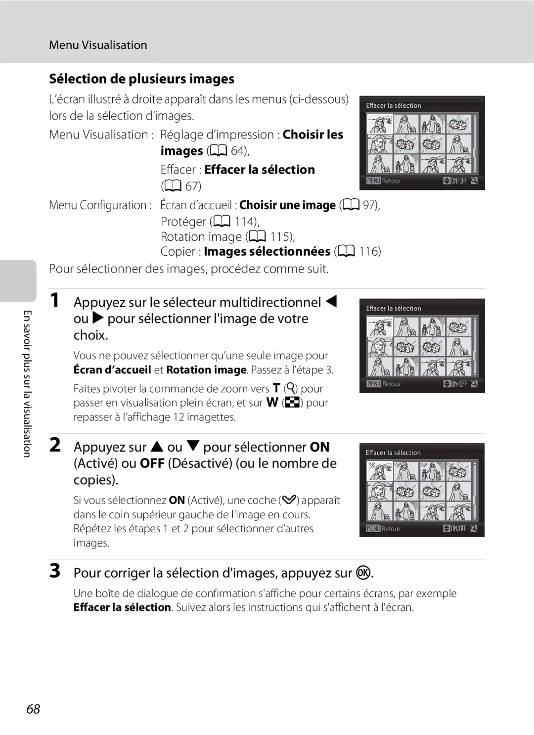 Nikon L110 Sélection de plusieurs images, Pour corriger la sélection dimages, appuyez sur k, Protéger a Rotation image a 