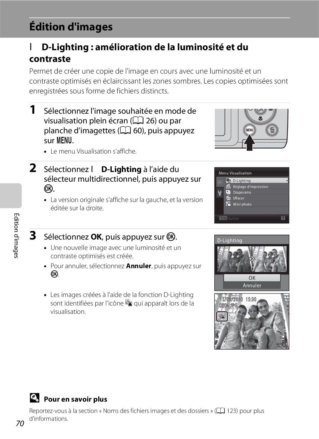 Nikon L110 Édition dimages, Lighting amélioration de la luminosité et du contraste, Sélectionnez ID-Lightingà l’aide du 