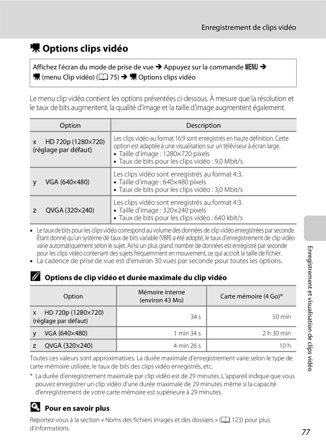 Nikon L110 manuel dutilisation DOptions clips vidéo, Options de clip vidéo et durée maximale du clip vidéo 