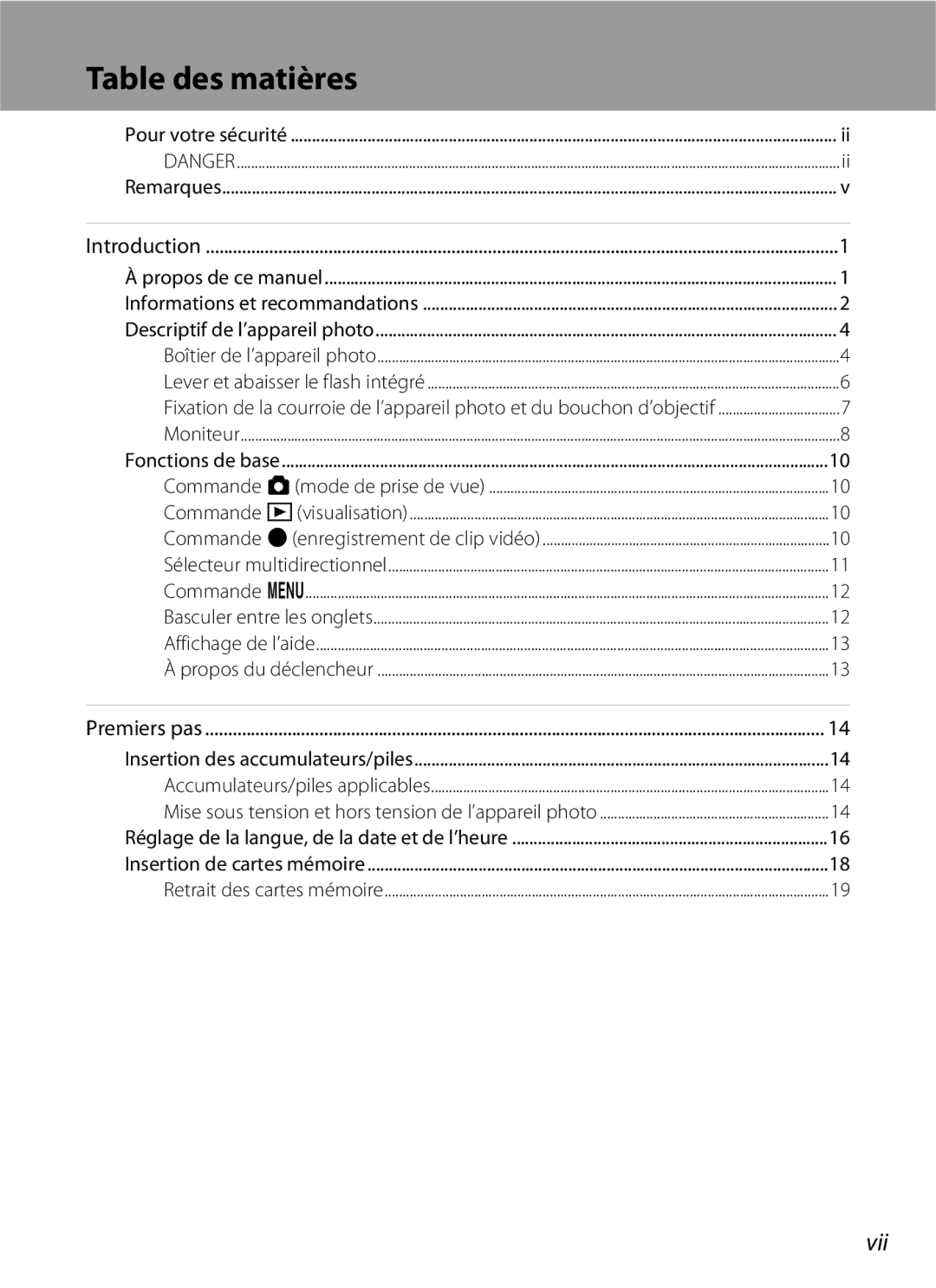 Nikon L110 manuel dutilisation Table des matières, Vii 