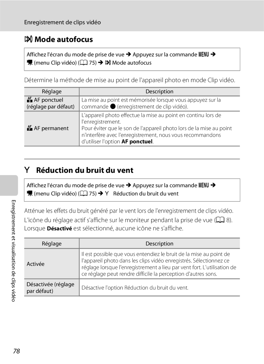 Nikon L110 manuel dutilisation IMode autofocus, YRéduction du bruit du vent 