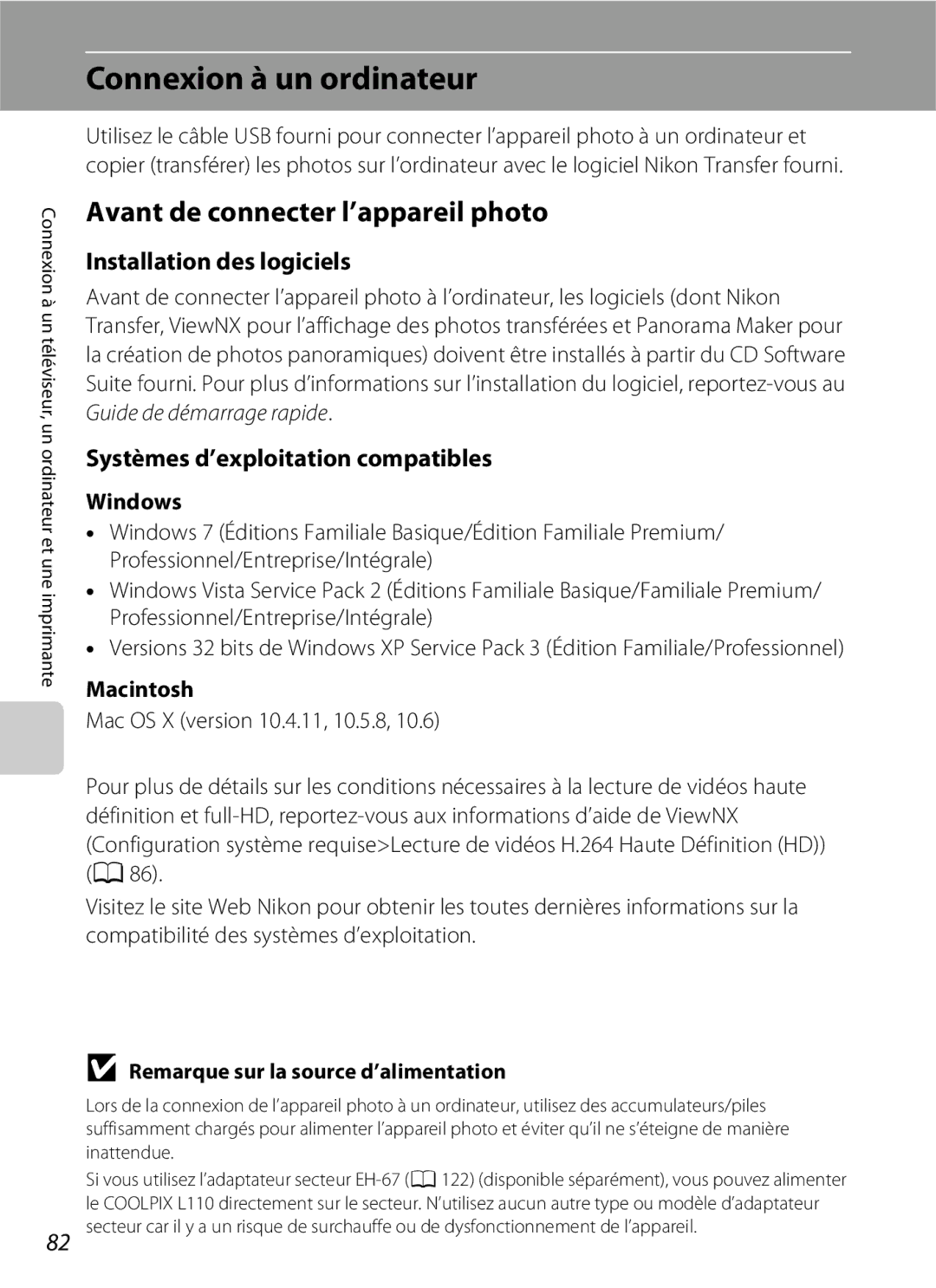 Nikon L110 manuel dutilisation Connexion à un ordinateur, Avant de connecter l’appareil photo, Installation des logiciels 