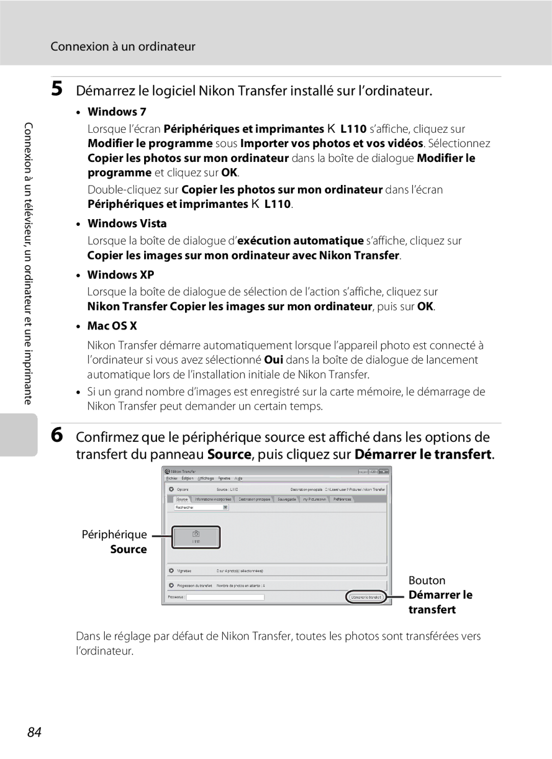 Nikon L110 manuel dutilisation Windows XP, Mac OS, Source, Bouton, Démarrer le transfert 