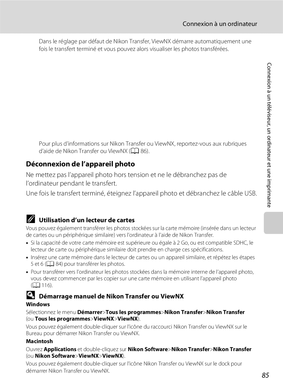 Nikon L110 manuel dutilisation Déconnexion de l’appareil photo, Utilisation d’un lecteur de cartes 