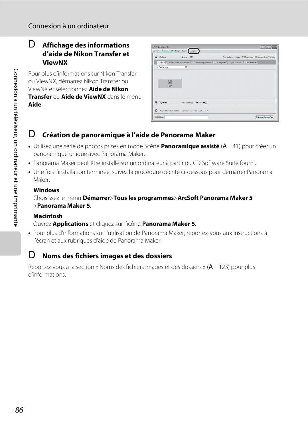 Nikon L110 manuel dutilisation Création de panoramique à l’aide de Panorama Maker, Noms des fichiers images et des dossiers 