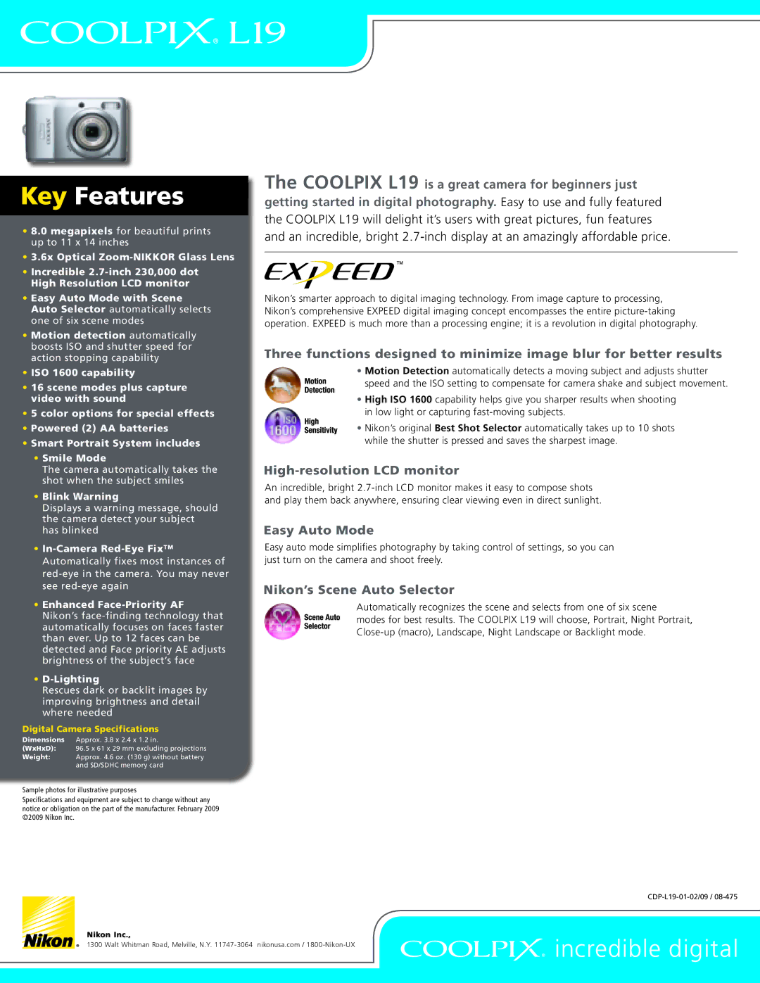 Nikon L19 manual Key Features, High-resolution LCD monitor, Easy Auto Mode, Nikon’s Scene Auto Selector 