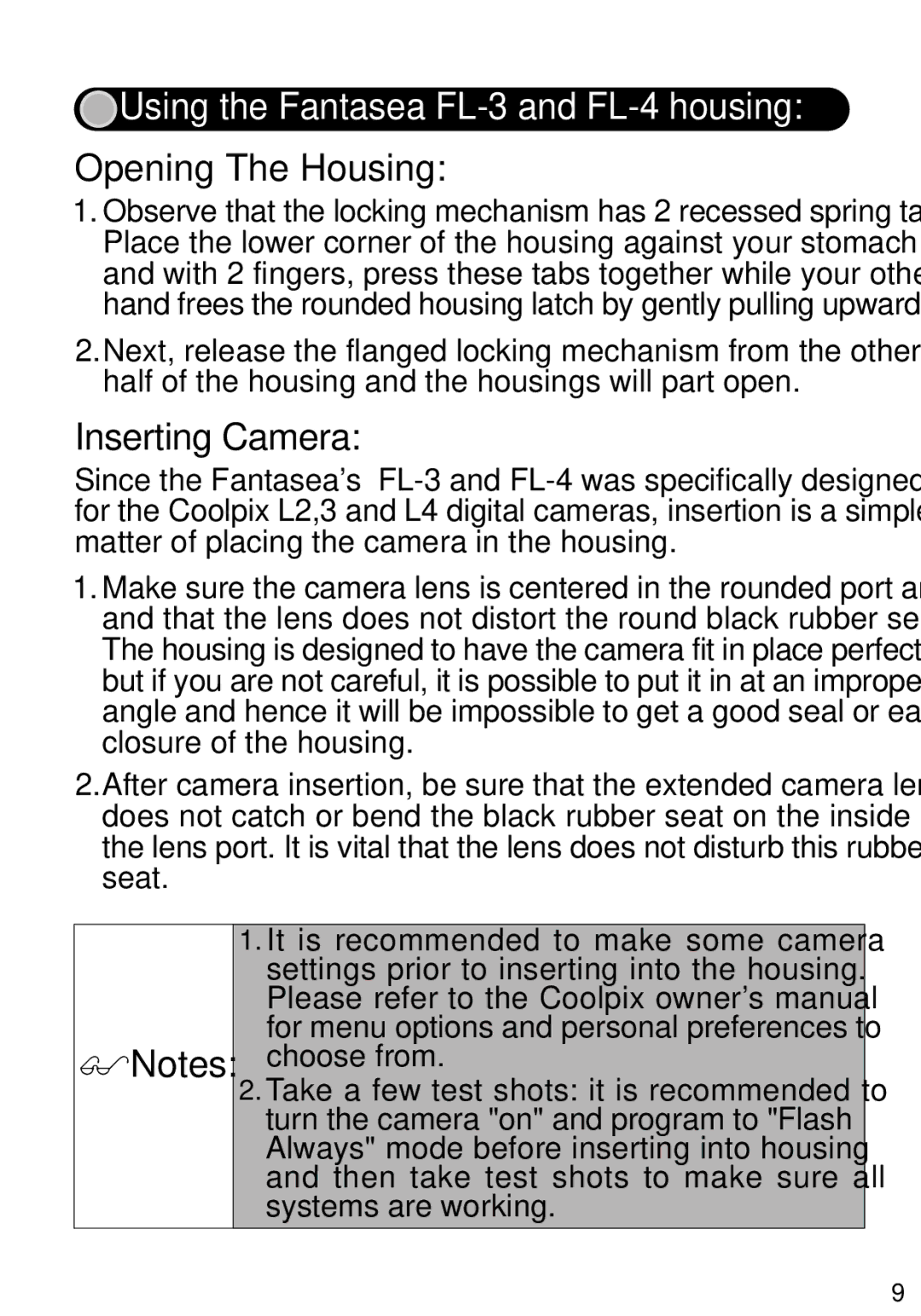 Nikon L2, L3 manual Opening The Housing, Inserting Camera 