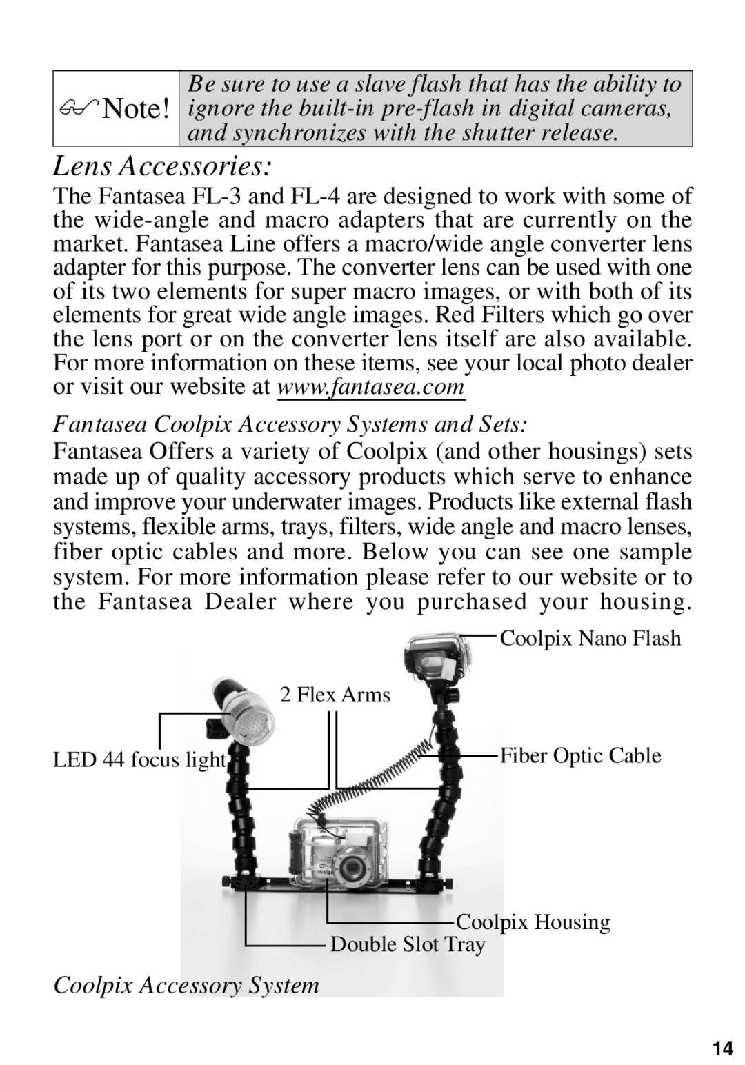 Nikon L3, L2 manual Lens Accessories, Fantasea Coolpix Accessory Systems and Sets 