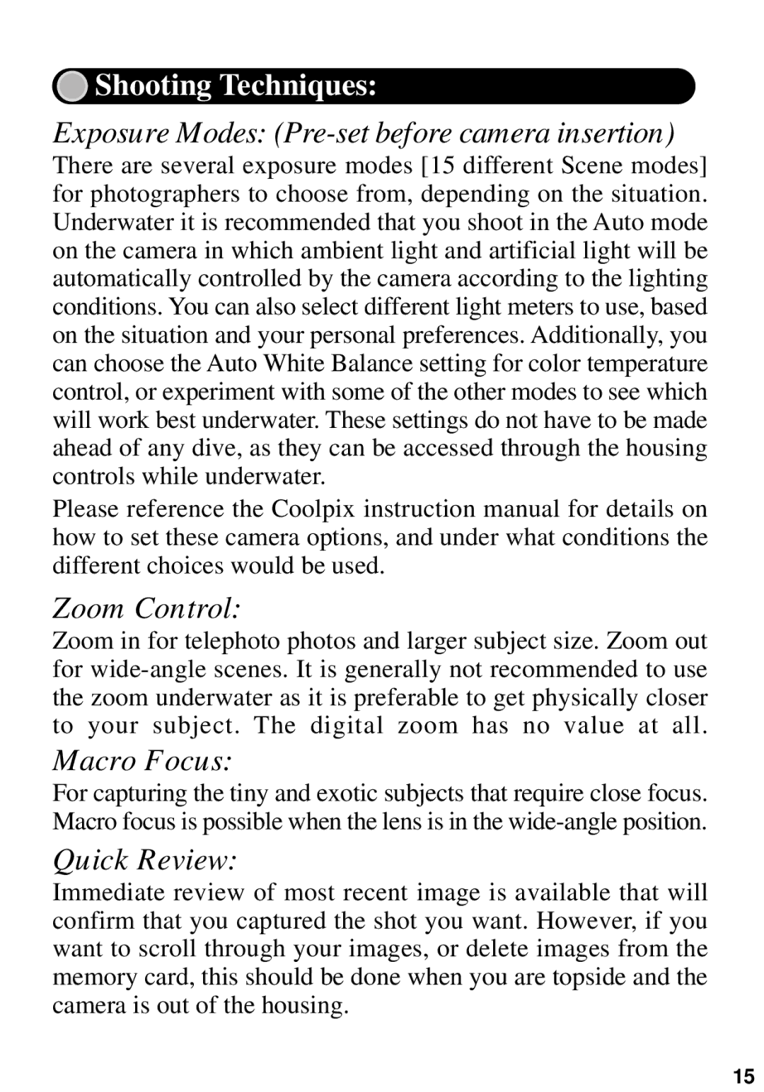 Nikon L2, L3 manual Exposure Modes Pre-set before camera insertion, Zoom Control, Macro Focus, Quick Review 