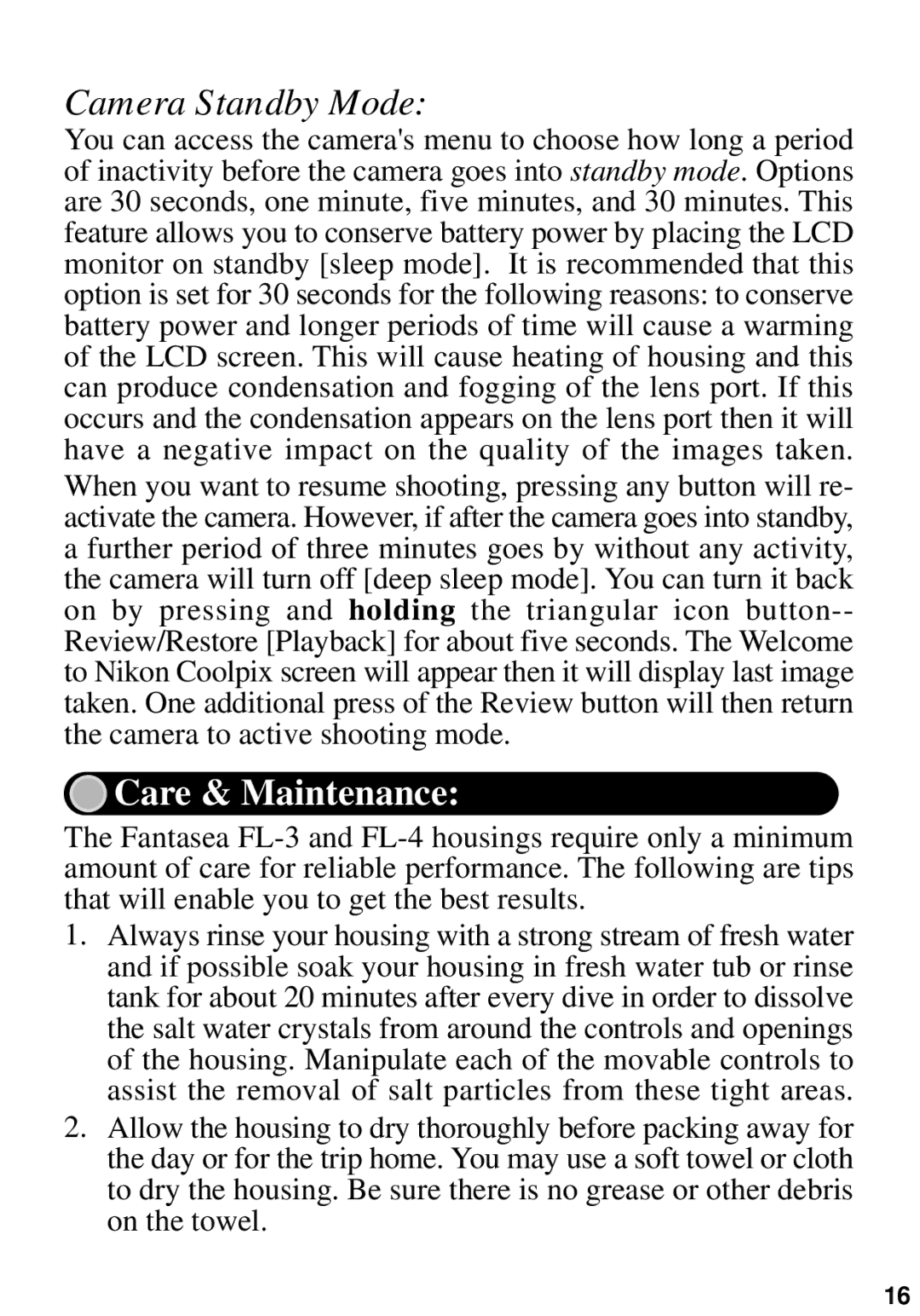 Nikon L3, L2 manual Camera Standby Mode, Care & Maintenance 