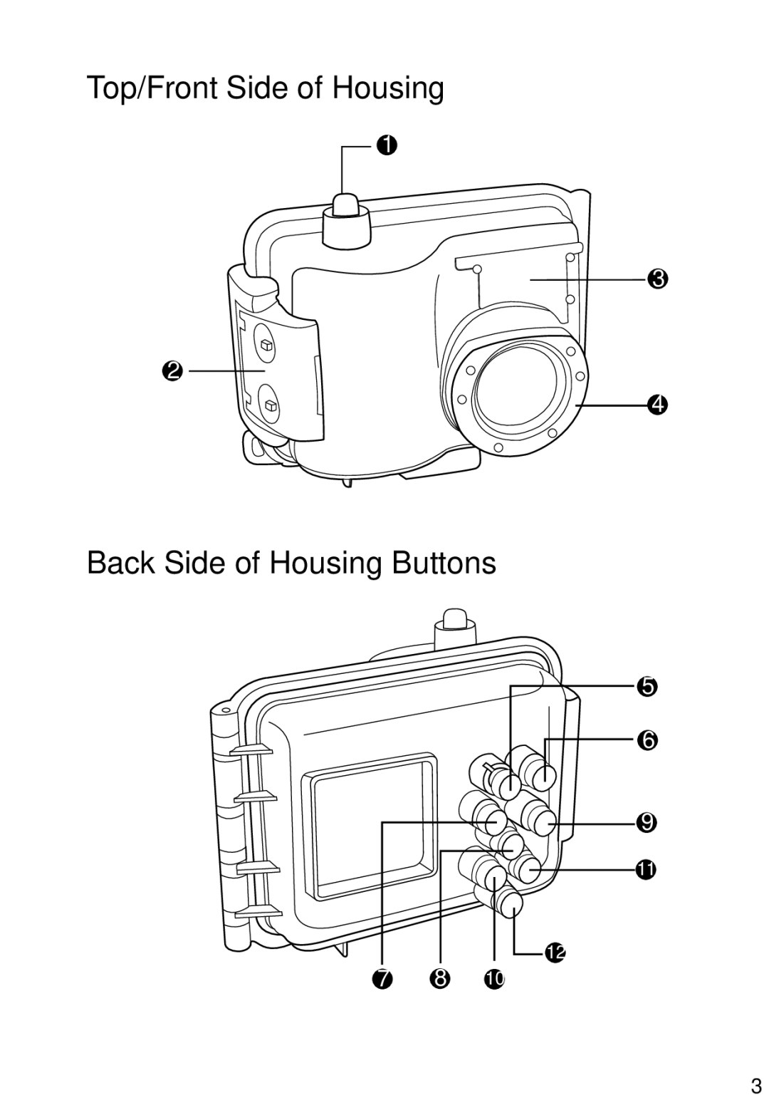 Nikon L2, L3 manual Top/Front Side of Housing Back Side of Housing Buttons 