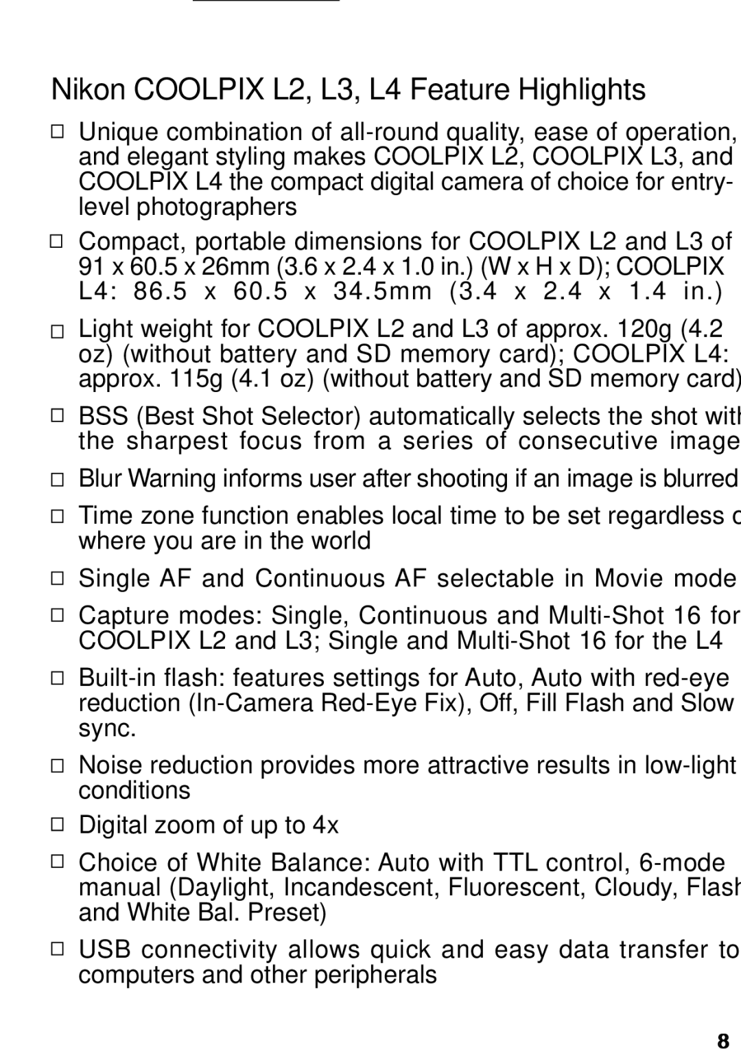 Nikon manual Nikon Coolpix L2, L3, L4 Feature Highlights 