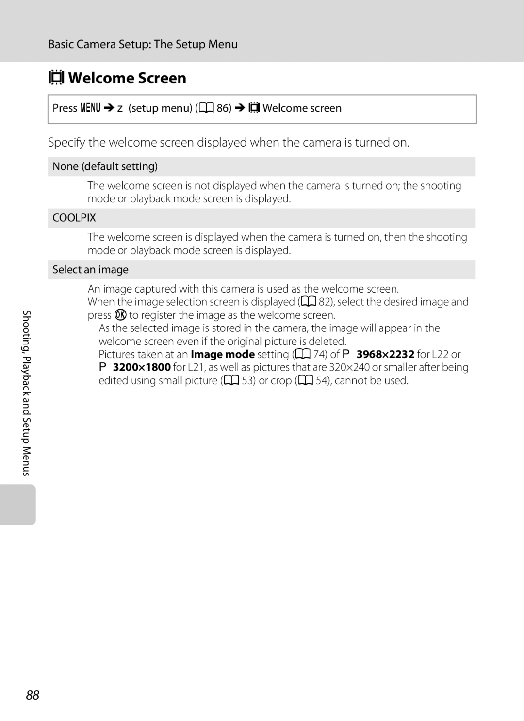 Nikon L21, COOLPIXL22R, COOLPIXL22BLK user manual CWelcome Screen, Press dM zsetup menu a 86 McWelcome screen 