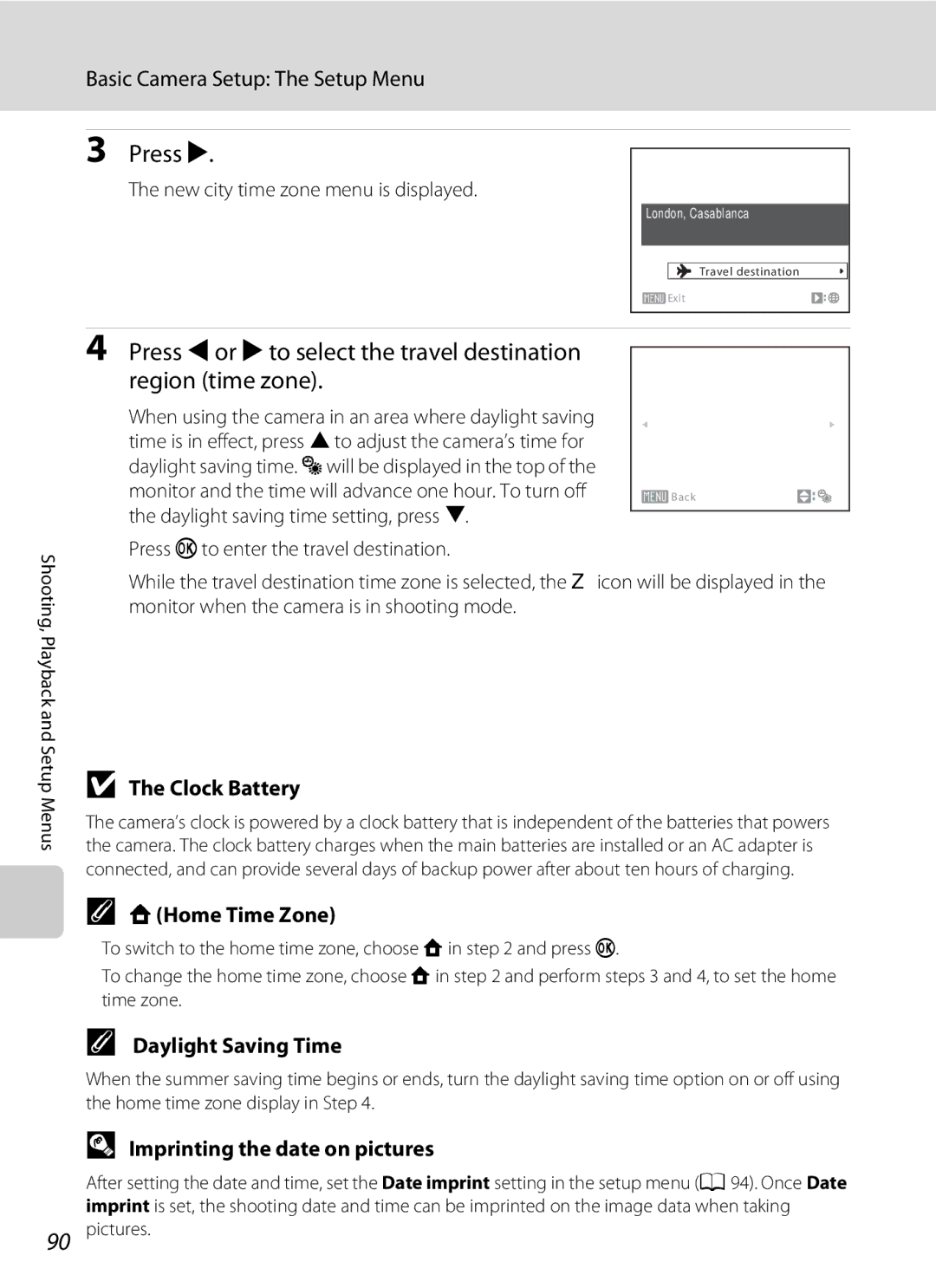 Nikon COOLPIXL22R, L21, COOLPIXL22BLK user manual Clock Battery, WHome Time Zone, Imprinting the date on pictures 
