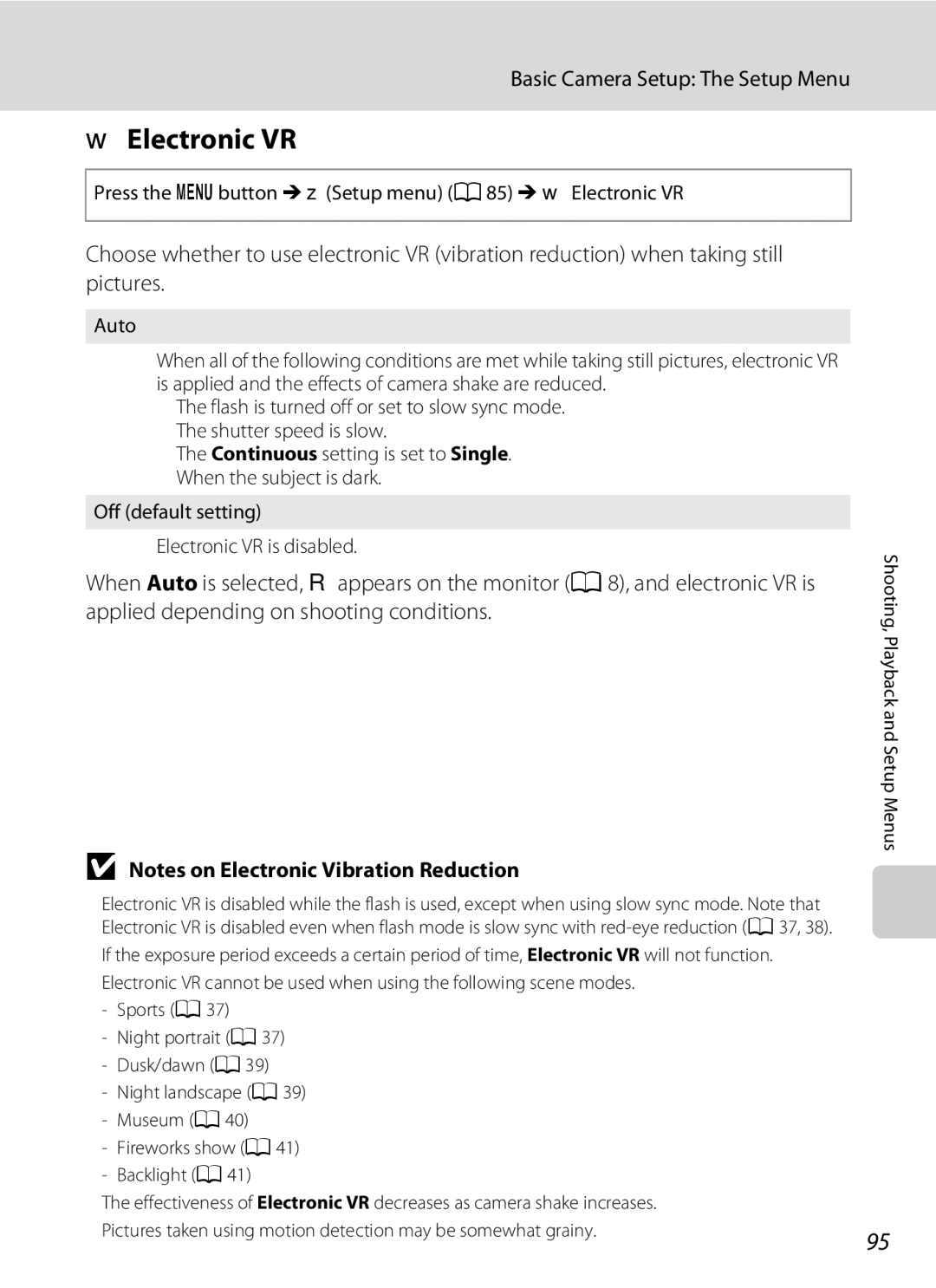 Nikon COOLPIXL22BLK, L21, COOLPIXL22R user manual WElectronic VR, Press the d button M zSetup menu a 85 M wElectronic VR 