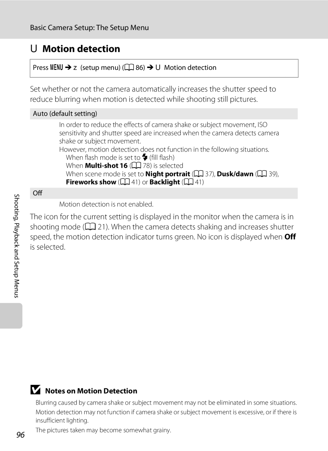 Nikon L21, COOLPIXL22R user manual Press dM zsetup menu a 86 MUMotion detection, Off Motion detection is not enabled 