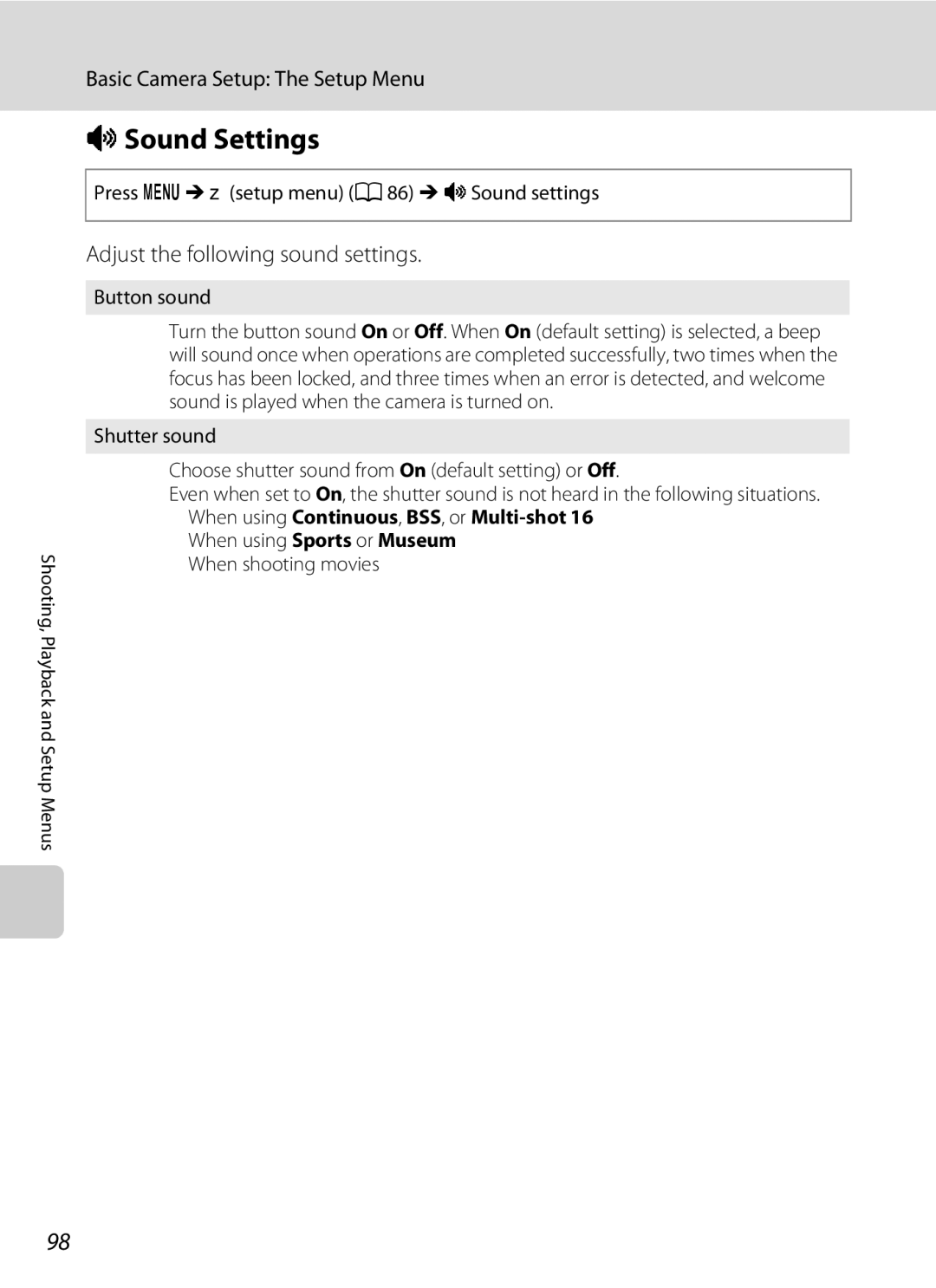 Nikon COOLPIXL22R, L21 ISound Settings, Adjust the following sound settings, When using Continuous, BSS, or Multi-shot 