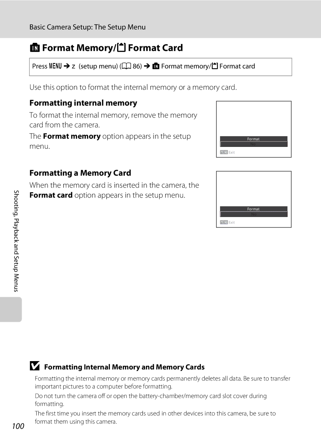 Nikon L21, COOLPIXL22R, COOLPIXL22BLK Format Memory/mFormat Card, Formatting internal memory, Formatting a Memory Card 