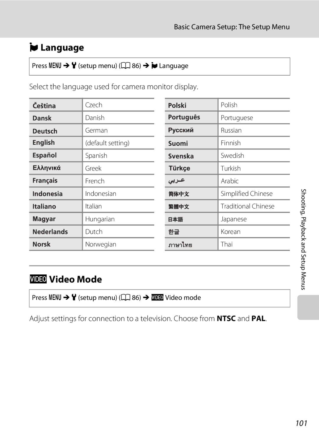 Nikon L21, COOLPIXL22R, COOLPIXL22BLK Language, OVideo Mode, 101, Select the language used for camera monitor display 