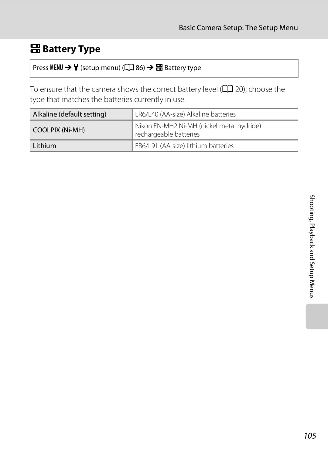 Nikon L21, COOLPIXL22R, COOLPIXL22BLK user manual SBattery Type, 105, Press dM zsetup menu a 86 MsBattery type 