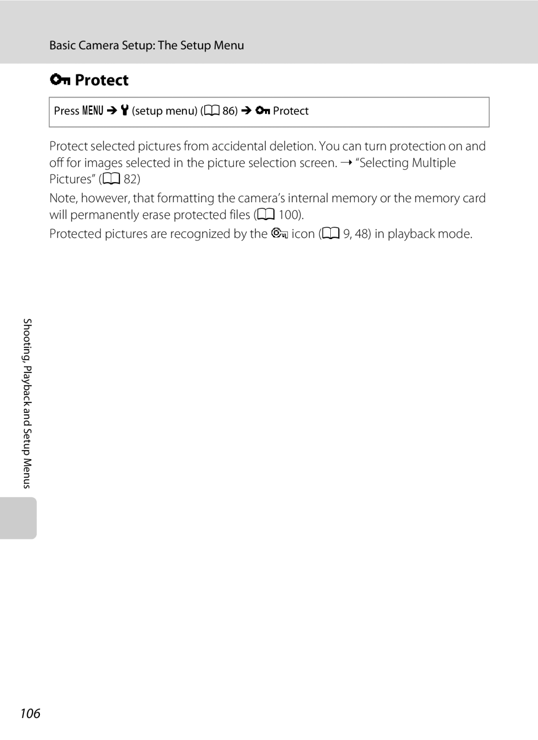 Nikon COOLPIXL22R, L21, COOLPIXL22BLK user manual 106, Press dM zsetup menu a 86 MdProtect 