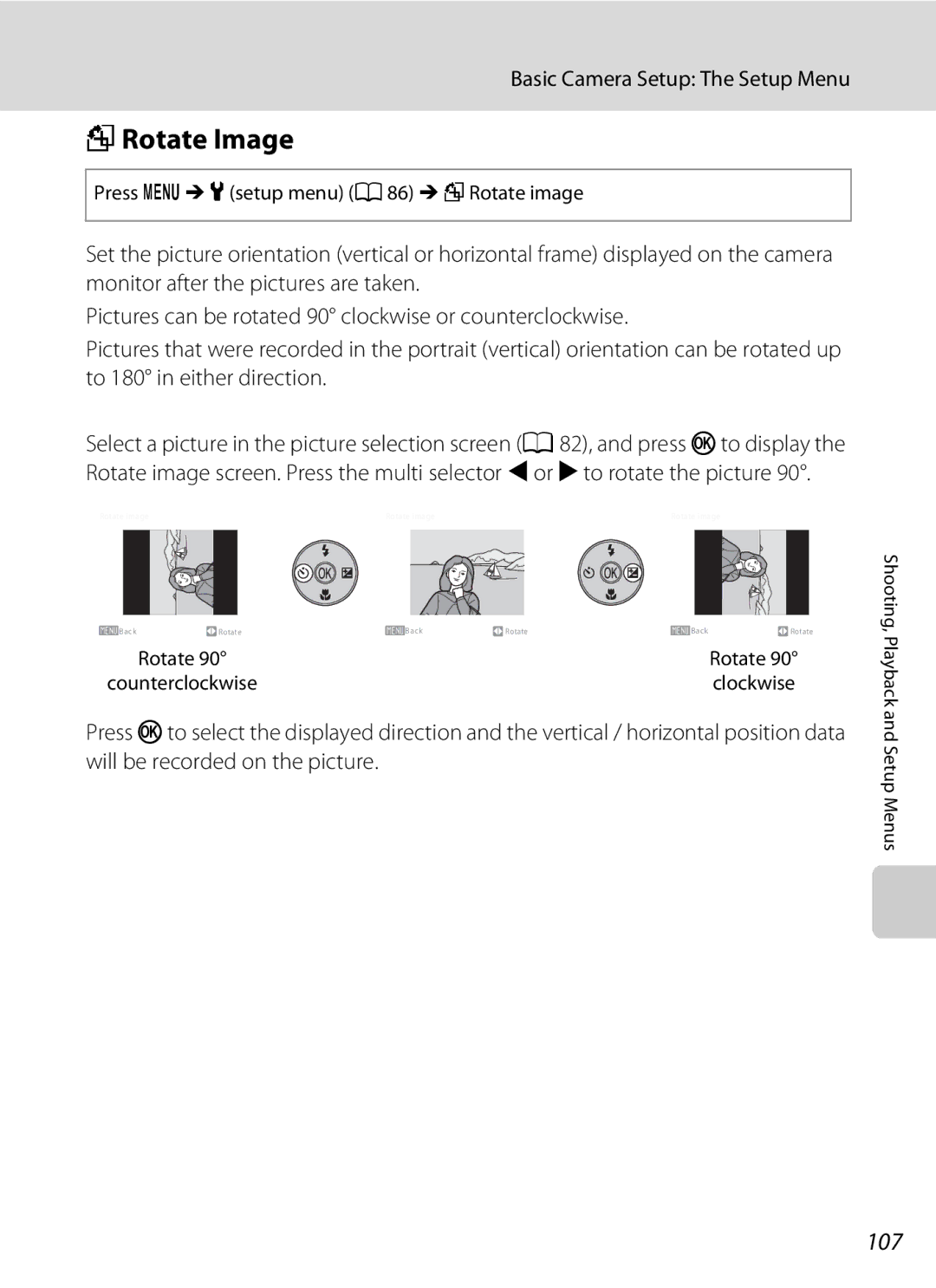 Nikon COOLPIXL22BLK, L21, COOLPIXL22R user manual FRotate Image, 107, Press dM zsetup menu a 86 MfRotate image 