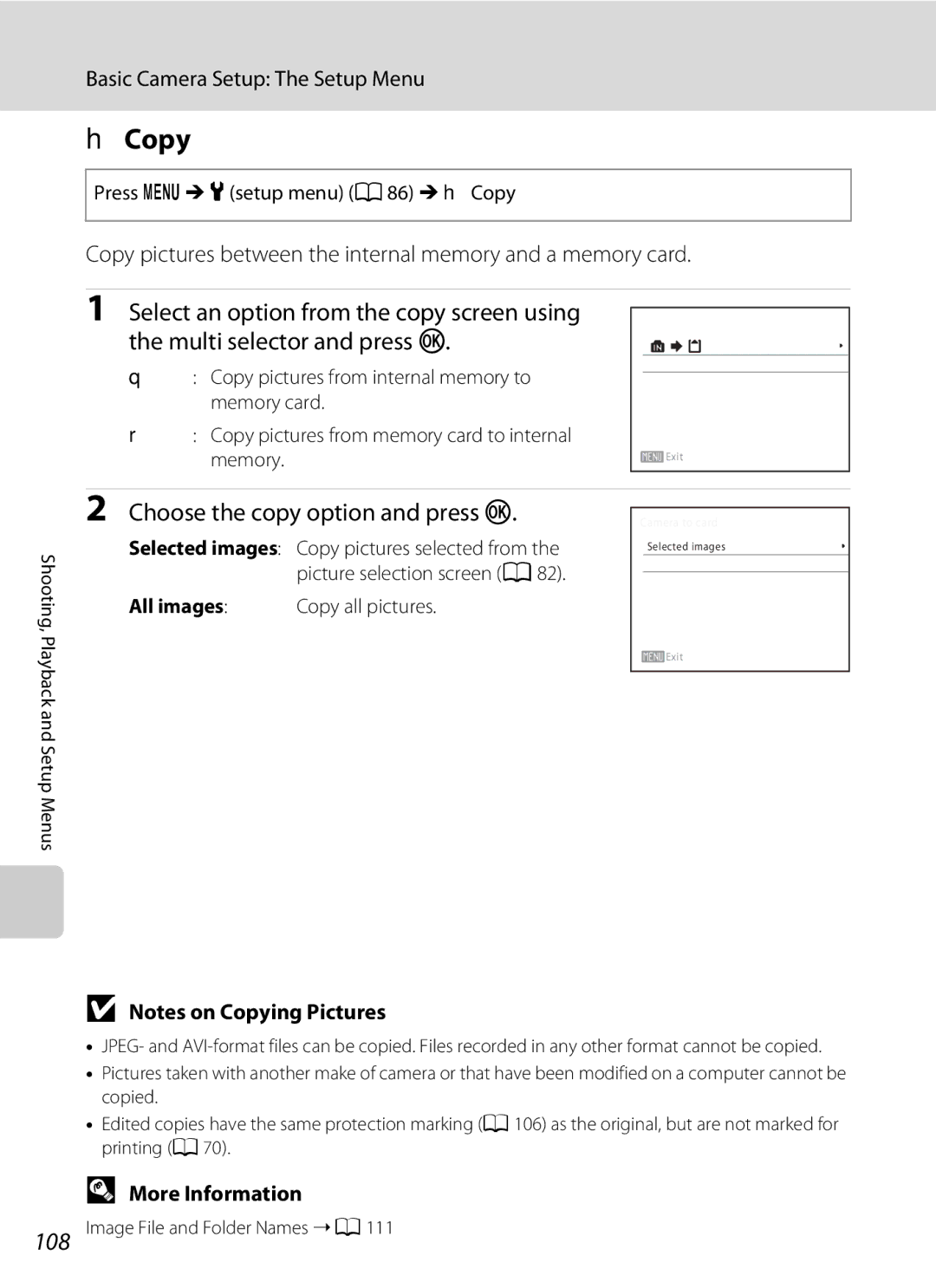 Nikon L21, COOLPIXL22R, COOLPIXL22BLK Copy, Select an option from the copy screen using, Multi selector and press k 