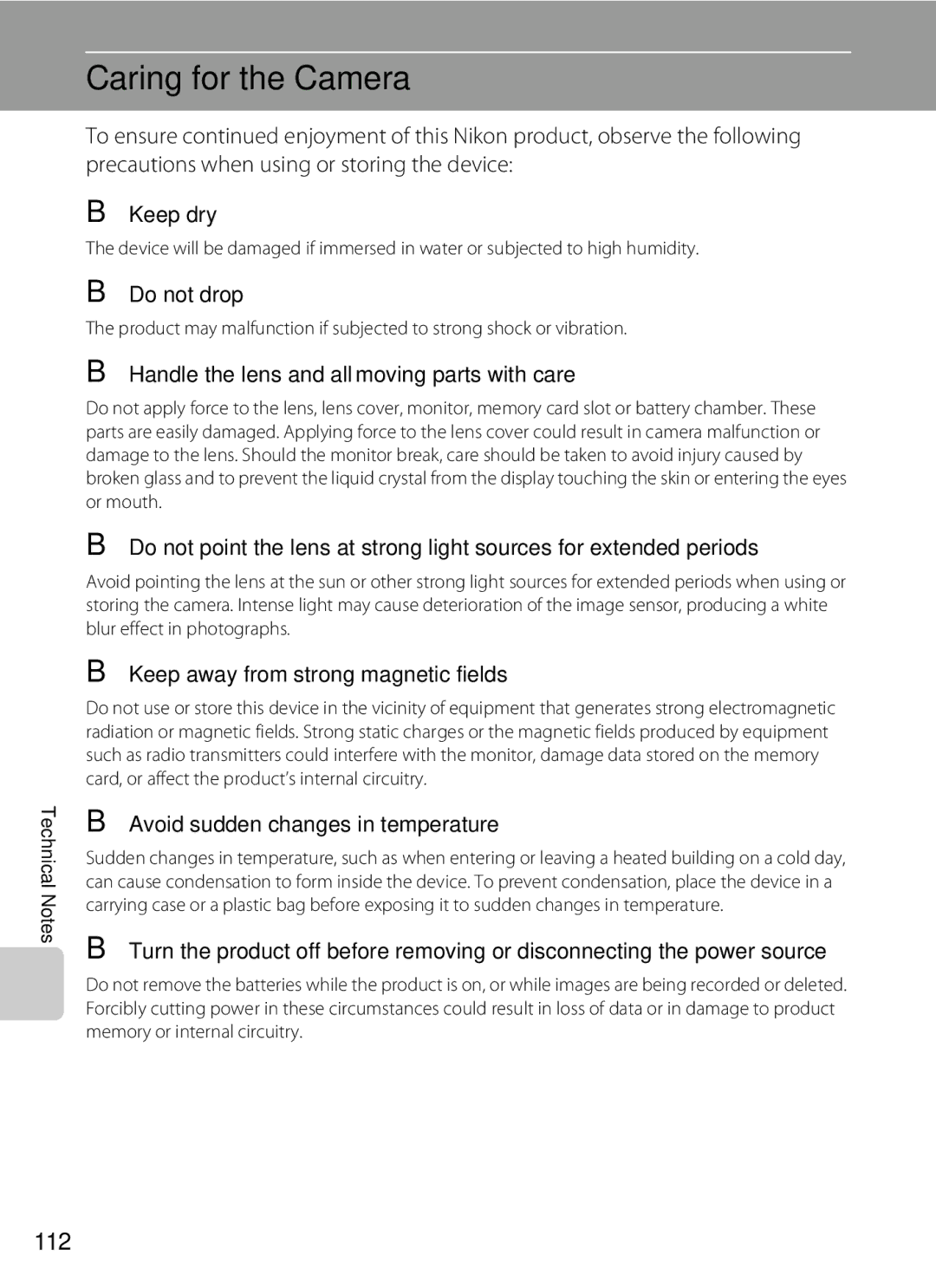 Nikon L21, COOLPIXL22R, COOLPIXL22BLK user manual Caring for the Camera, 112 