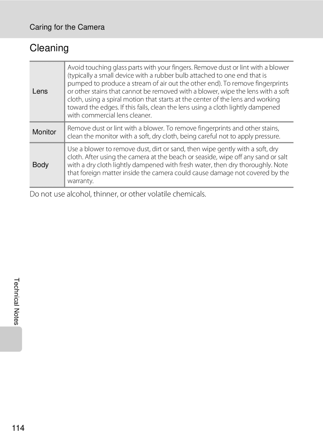 Nikon COOLPIXL22R, L21, COOLPIXL22BLK user manual Cleaning, 114, Do not use alcohol, thinner, or other volatile chemicals 