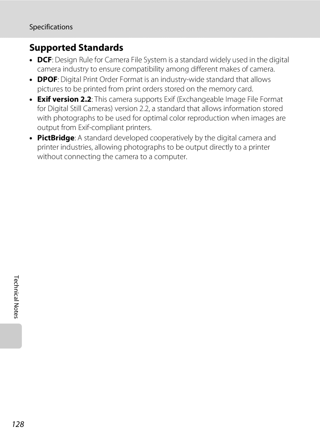 Nikon L21, COOLPIXL22R, COOLPIXL22BLK user manual Supported Standards, 128 