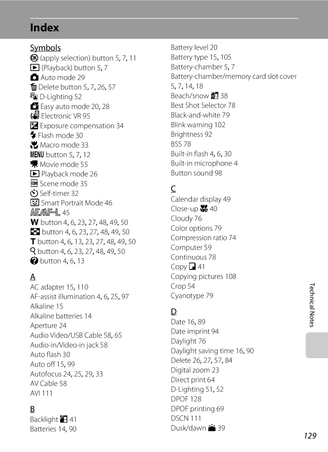 Nikon L21, COOLPIXL22R, COOLPIXL22BLK user manual Index, Symbols, 129 