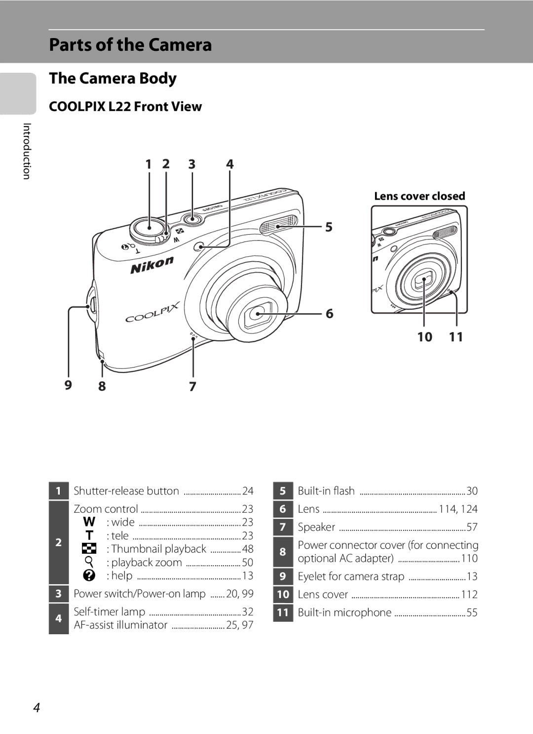 Nikon L21, COOLPIXL22R, COOLPIXL22BLK Parts of the Camera, Camera Body, Coolpix L22 Front View, Lens cover closed, 112 