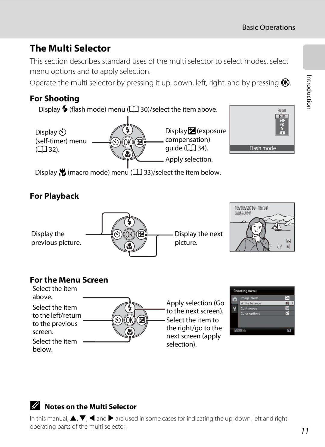 Nikon COOLPIXL22BLK, L21, COOLPIXL22R Multi Selector, For Shooting, For Playback, For the Menu Screen, Basic Operations 