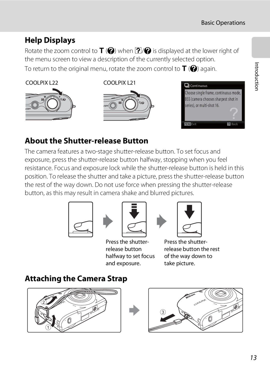 Nikon L21, COOLPIXL22R, COOLPIXL22BLK Help Displays, About the Shutter-release Button, Attaching the Camera Strap 